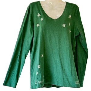 Life Is Good Long Sleeve Tee Kelly Green with White Stars V Neck Long Sleeve  M